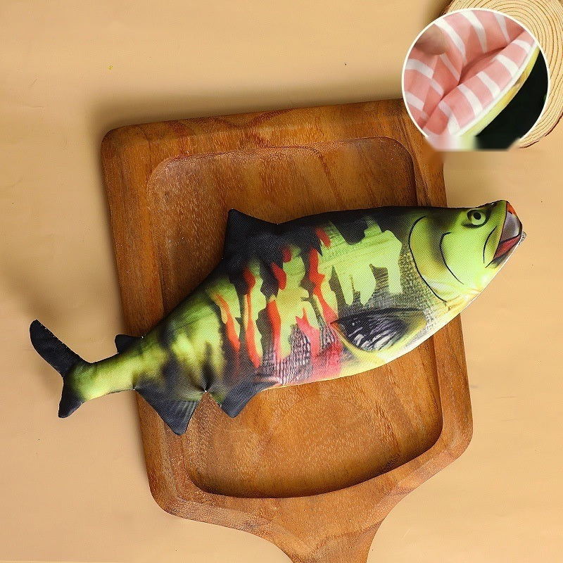 Sockeye salmon fish pencil case on a wooden board, with its pink striped lining