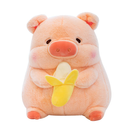Soft, pink pig plush toy holding a cute yellow banana, with rosy cheeks and round ears, perfect for cuddles.