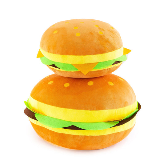 Two plush hamburger pillows (large and small) stacked; brown buns with yellow cheese and green lettuce.