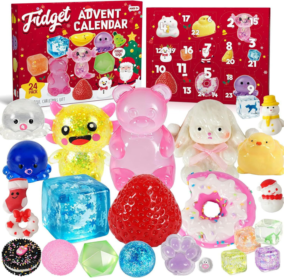 24 day squishy advent calendar with the squishy surprises laid out