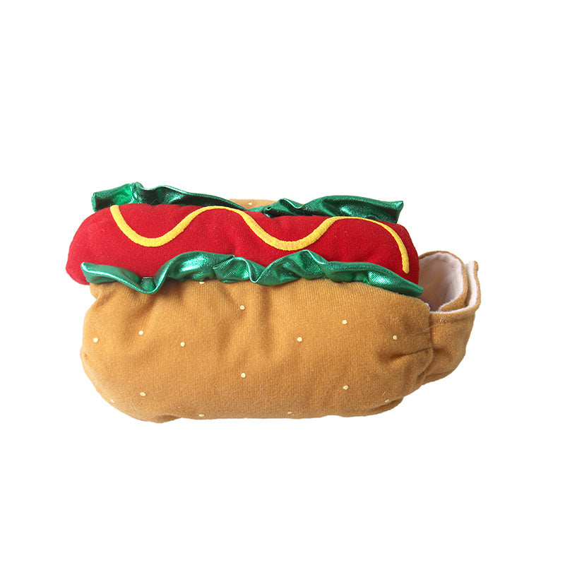 Hot dog pet costume on its own: bun, sausage, mustard and lettuce