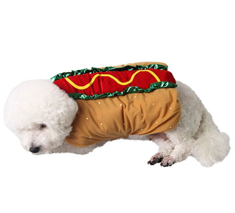White poodle wearing the hot dog pet costume, side view