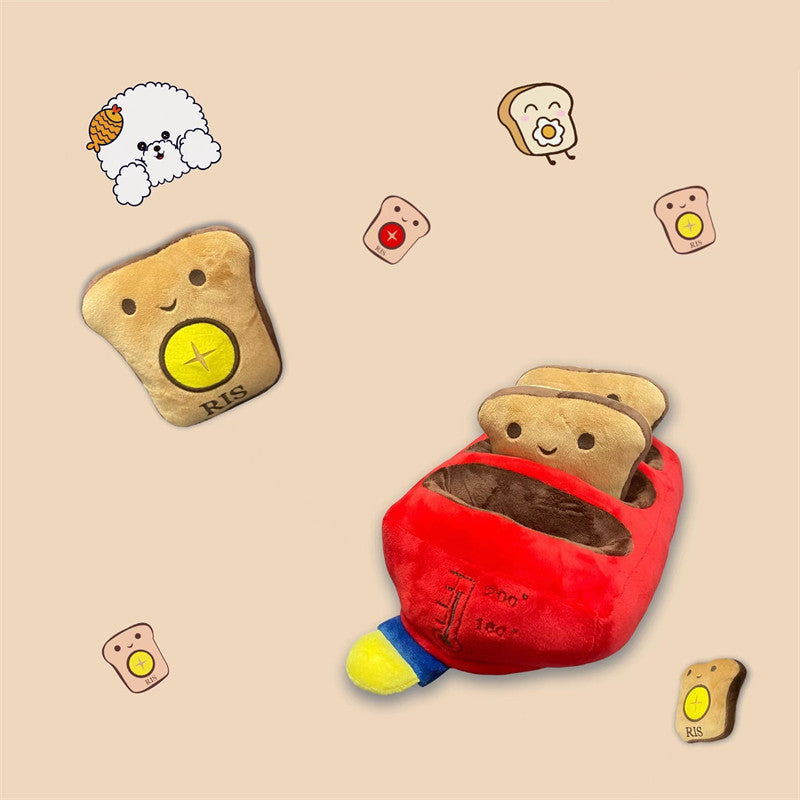 Red bread machine plush toy with three toast slices inside, featuring cute faces and playful design. Perfect for dogs.