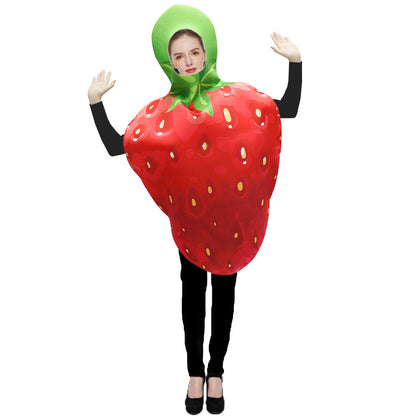A grown-up dressed as a giant red strawberry with a leafy green hood food costume