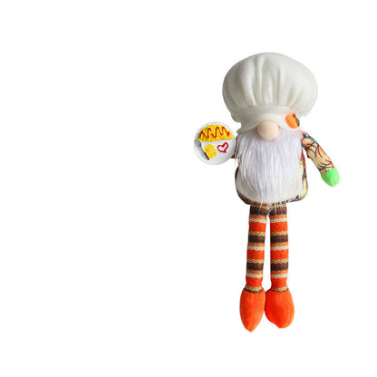One plush gnome with tall white hat, white beard, striped orange legs and feet, tattooed arm holding plate.