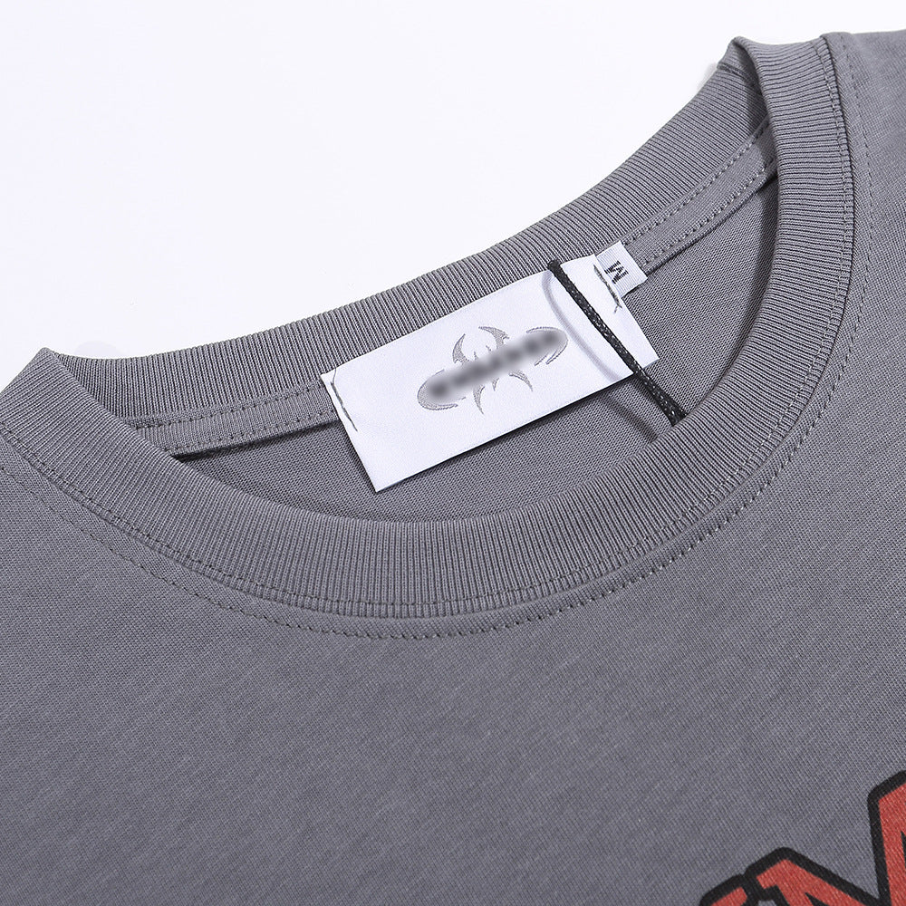 Grey T-shirt featuring a vibrant BBQ food print and a classic crew neck design.