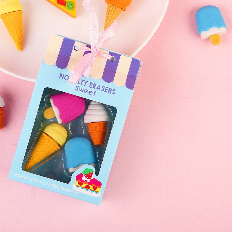 Sweet treat erasers in a blue Novelty Erasers box
