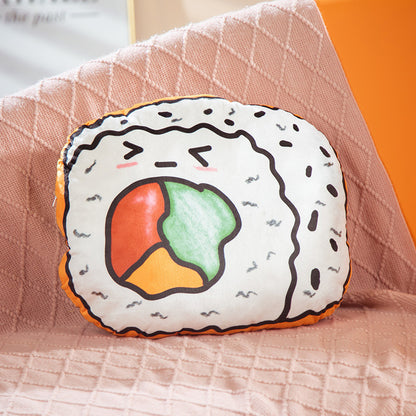 One sushi-roll shaped plush cushion with cartoon face, white rice and black seeds, red/green/yellow filling.