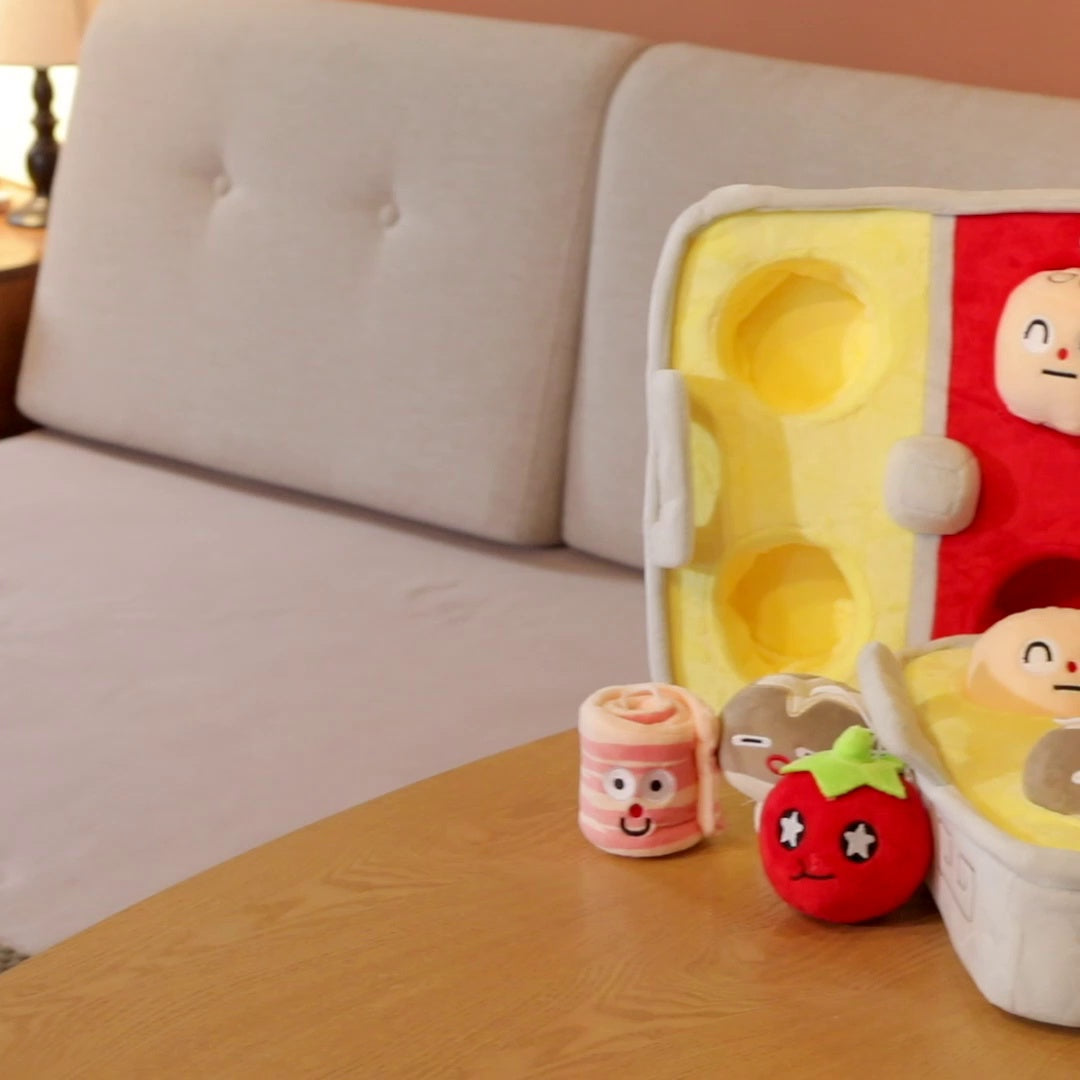 Plush hot pot ingredients beside the pot