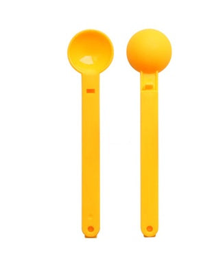 Two bright yellow plastic bag clips with round scoop ends, long handles and small hang holes.
