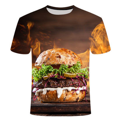 3D T-shirt featuring a large, vibrant hamburger print with lettuce, tomato, and flames in the background.