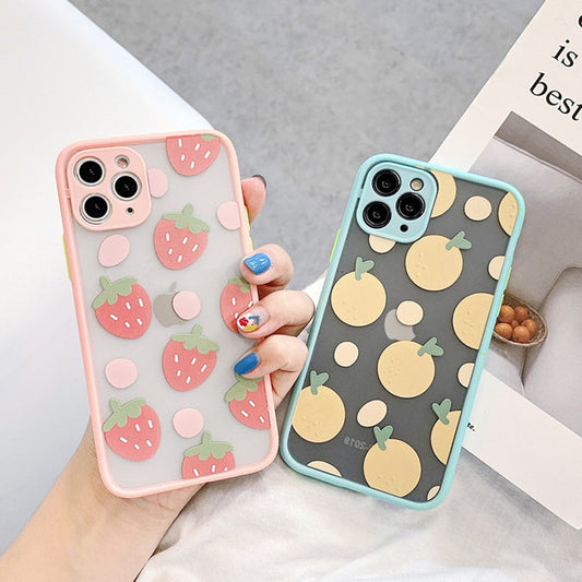 Candy Colour iPhone Case featuring pink strawberries and orange slices on a soft grey background with pastel borders.