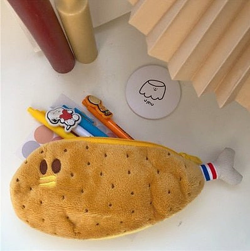 Chicken leg plush pencil case with a little face and striped bone end
