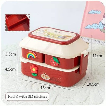 Red two-tier bento box with rainbow and strawberry stickers, small