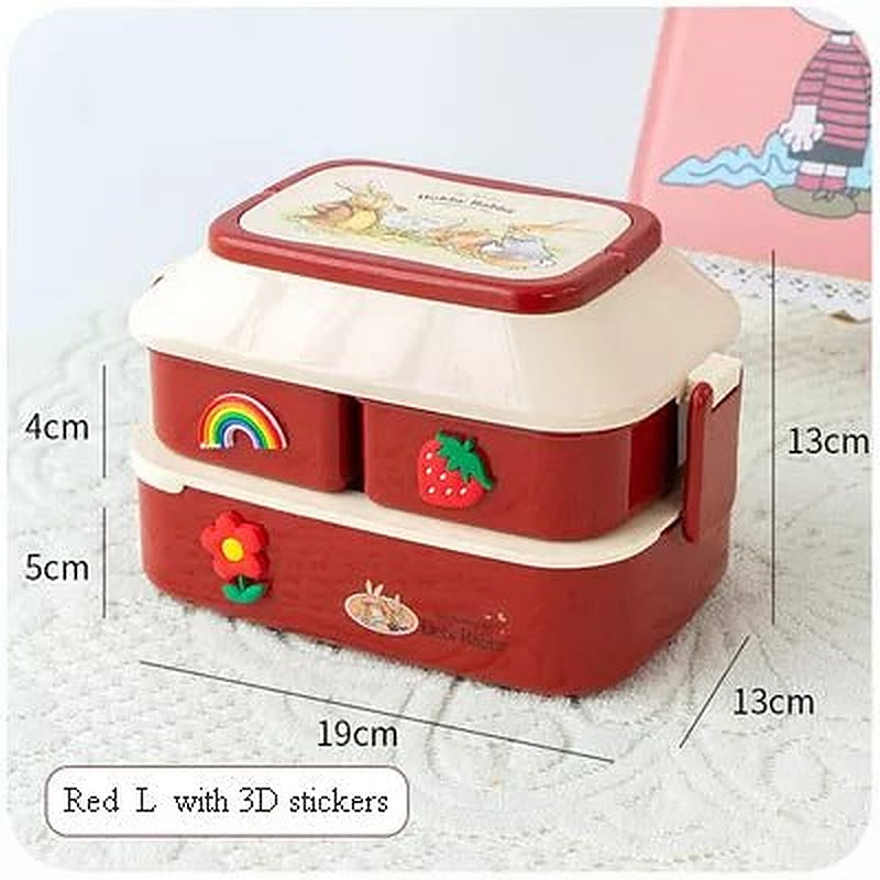 Red two-tier bento box with rainbow and strawberry stickers, large
