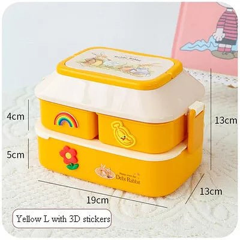 Yellow two-tier bento box with rainbow and flower stickers, large