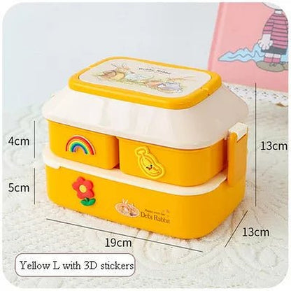 Yellow two-tier bento box with rainbow and flower stickers, large