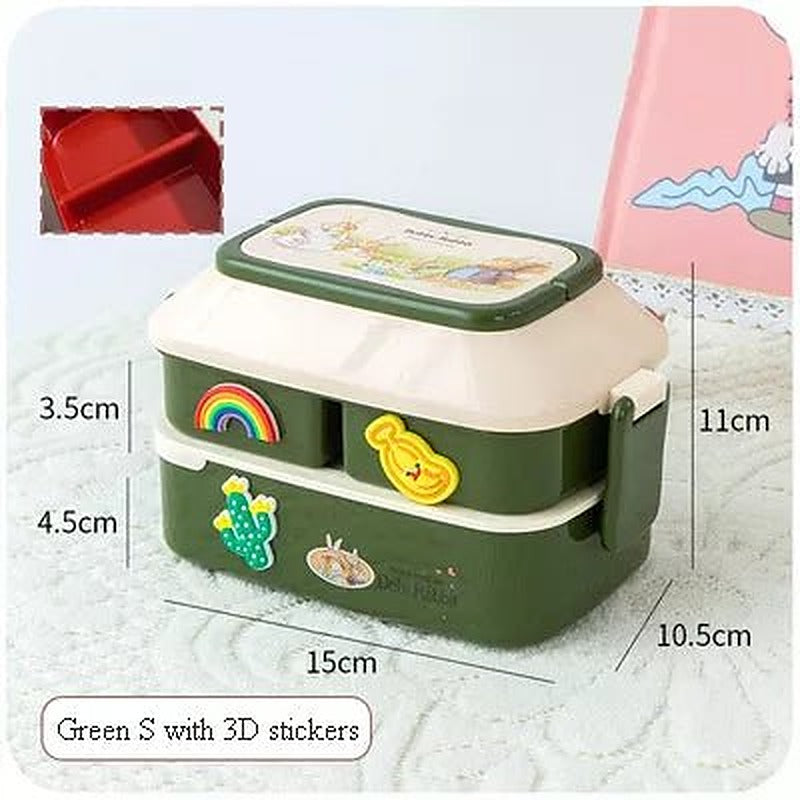 Green two-tier bento box with rainbow stickers, small