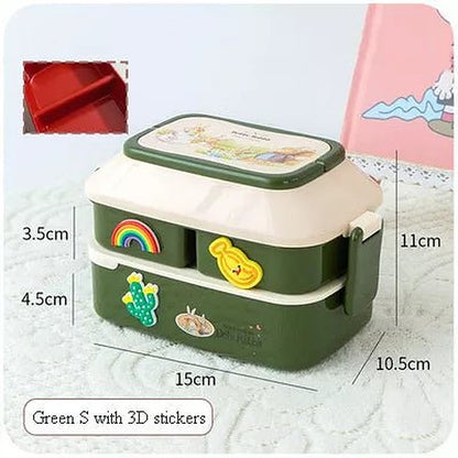 Green two-tier bento box with rainbow stickers, small