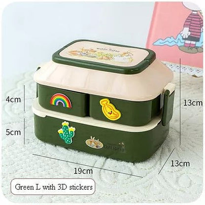 Green two-tier bento box with rainbow stickers, large