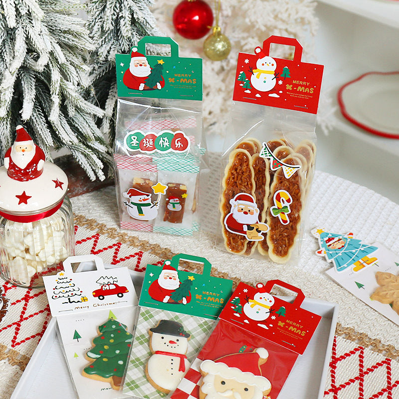 Festively packaged Christmas biscuit gift bags with various designs, featuring Santa, snowmen, and Christmas trees.
