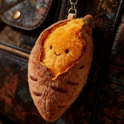 Sweet potato plush charm on a dark bag