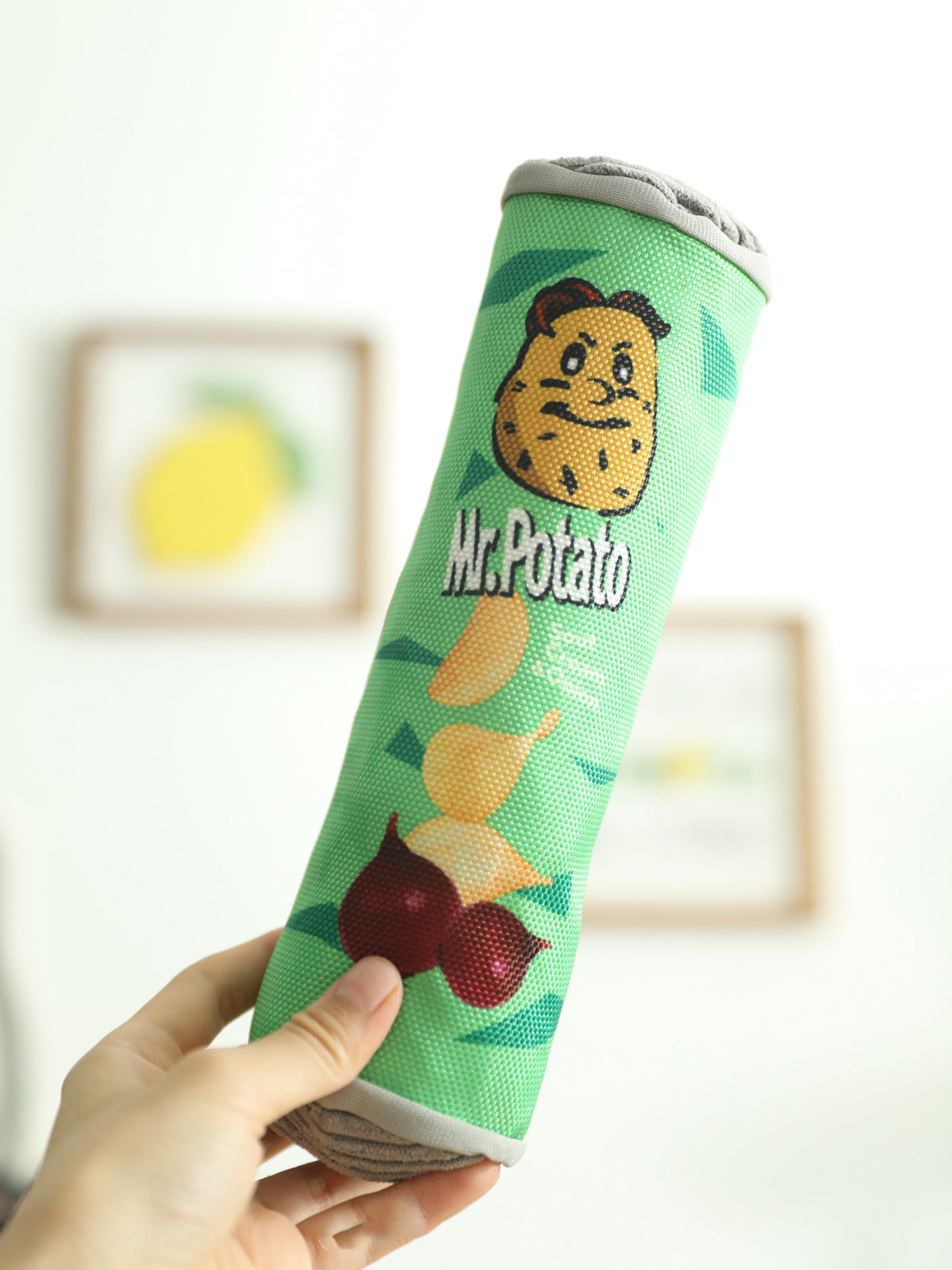 Hand holding one green cylindrical pet toy labelled Mr.Potato with cartoon potato and chip/cherry prints.