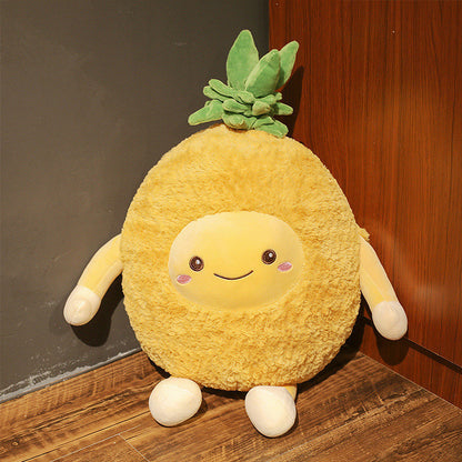 One large yellow fuzzy fruit plush with a smiling round face, green leaf top, two arms and two legs.