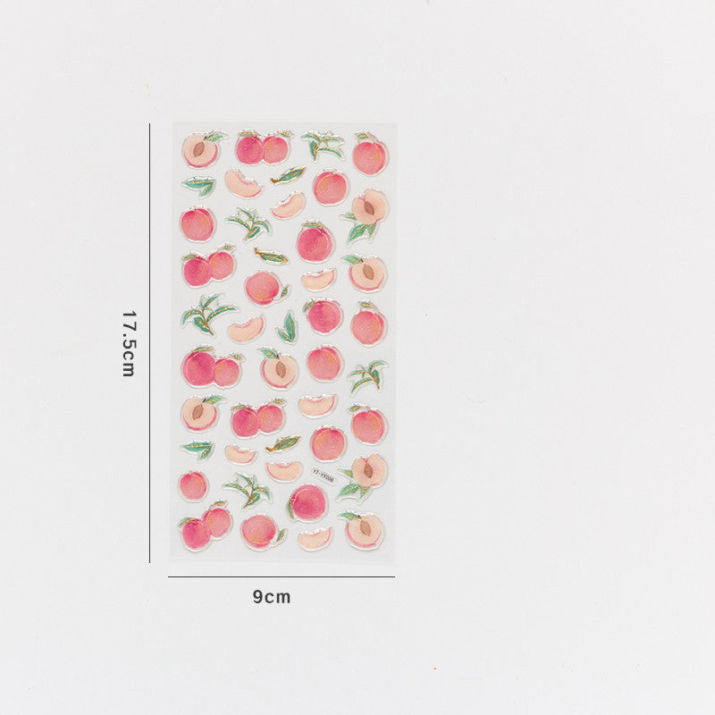 One 17.5×9cm sticker sheet with pink peach and slice stickers, green leaves and gold trim.