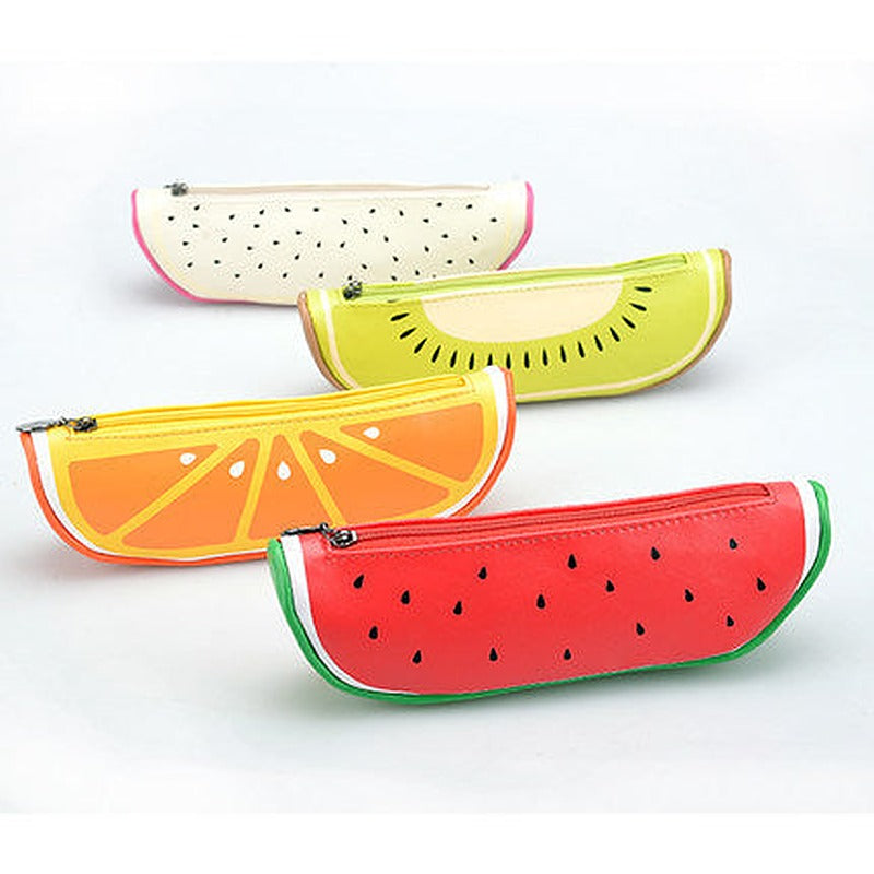 Four fruit slice pencil cases in a row, dragon fruit, kiwi, orange and watermelon