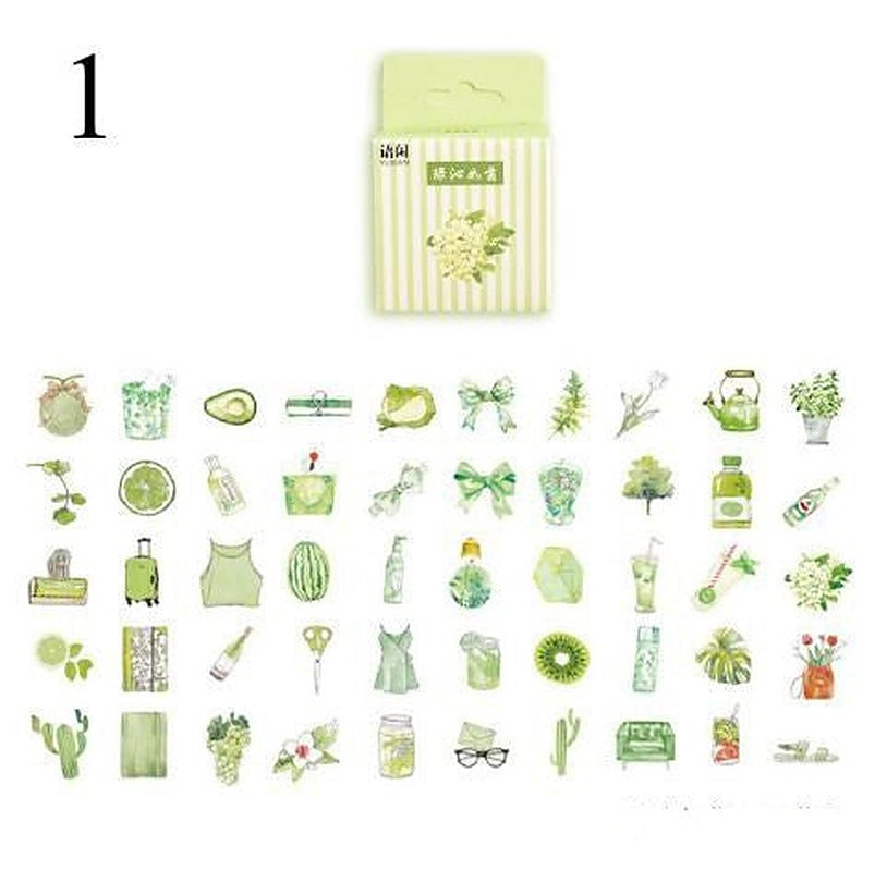 One sticker sheet with 48 small green kawaii plant, fruit and drink icons and a striped pack.