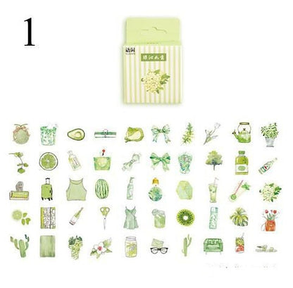One sticker sheet with 48 small green kawaii plant, fruit and drink icons and a striped pack.