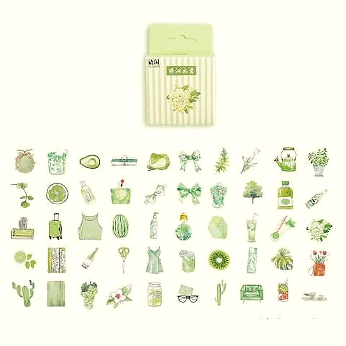 Green Garden sticker pack with a striped green box above small green plant, fruit and drink stickers
