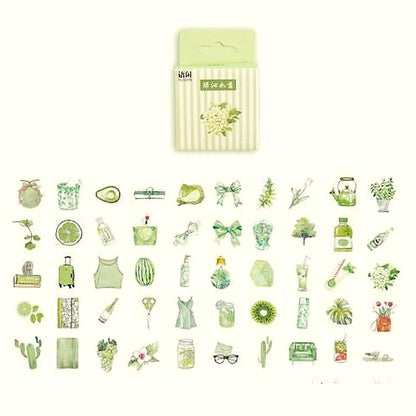 Green Garden sticker pack with a striped green box above small green plant, fruit and drink stickers