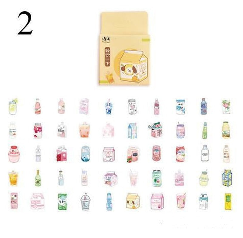 One large beige milk-carton sticker above 54 small pastel drink and beverage stickers arranged in a grid.