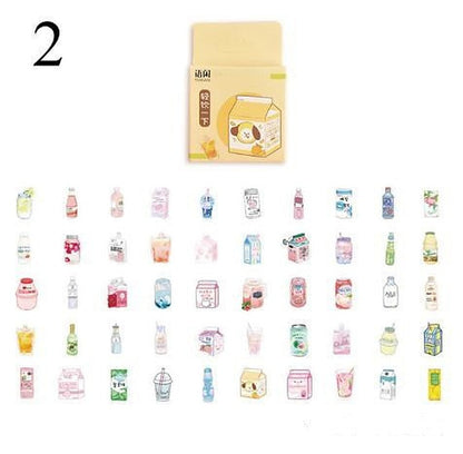 One large beige milk-carton sticker above 54 small pastel drink and beverage stickers arranged in a grid.