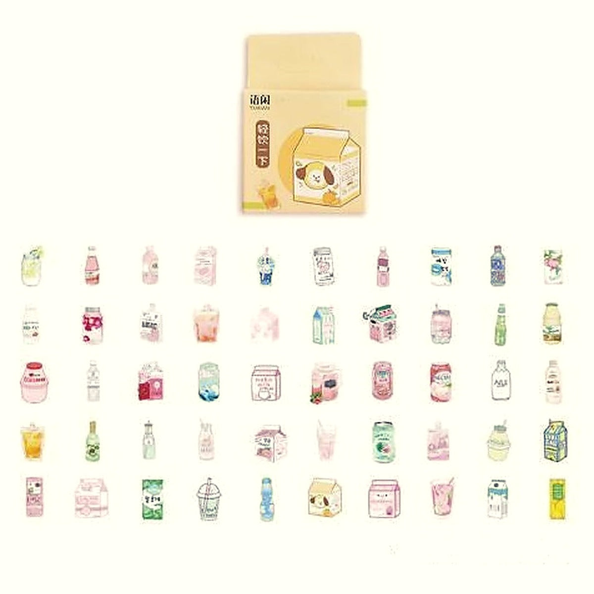 Milk and Drinks sticker pack with a milk carton box above about 50 small pastel drink stickers