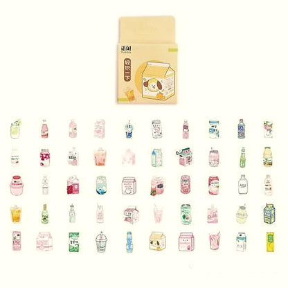 Milk and Drinks sticker pack with a milk carton box above about 50 small pastel drink stickers