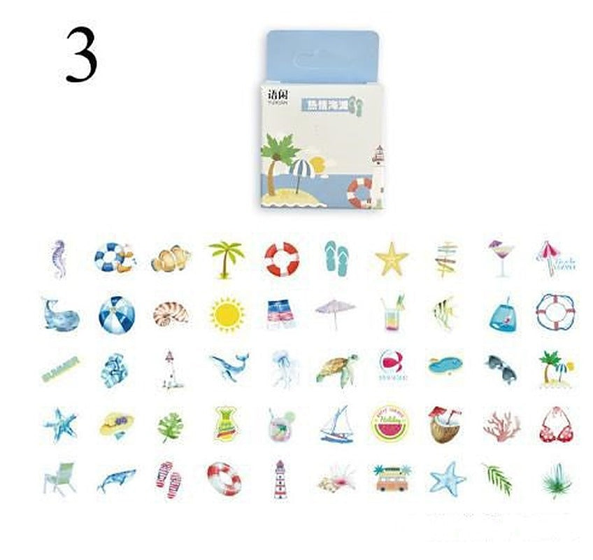 Small blue-topped box and a sheet of 54 tiny colourful beach-themed stickers arranged in rows.