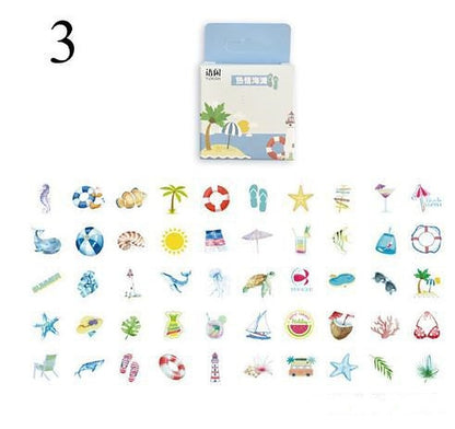 Small blue-topped box and a sheet of 54 tiny colourful beach-themed stickers arranged in rows.