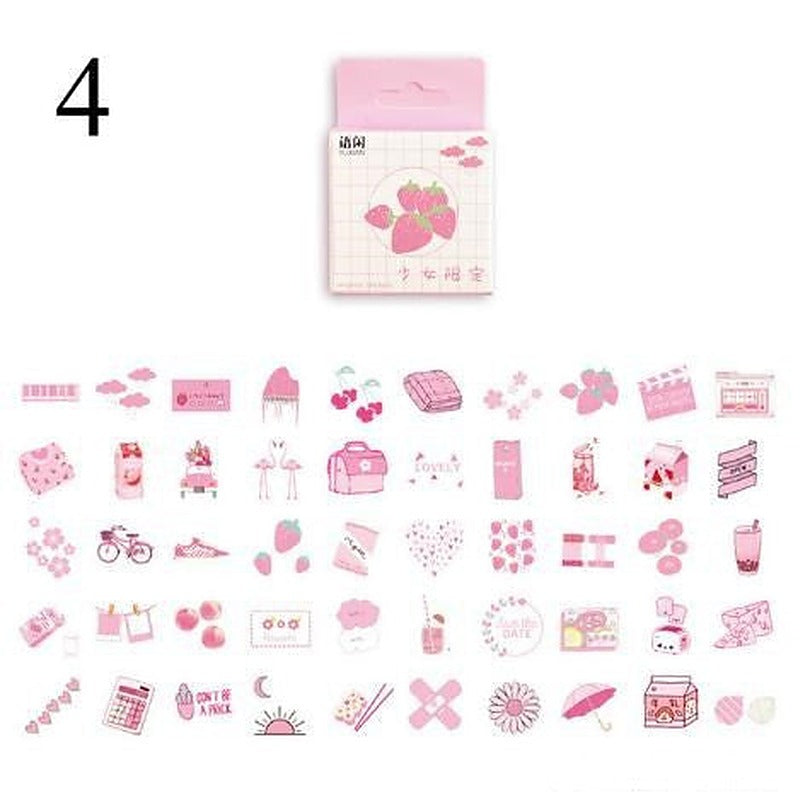 One sticker sheet with about 60 small pink kawaii plant and drink stickers and a pink hang-tab package.