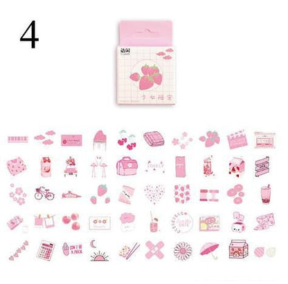 One sticker sheet with about 60 small pink kawaii plant and drink stickers and a pink hang-tab package.