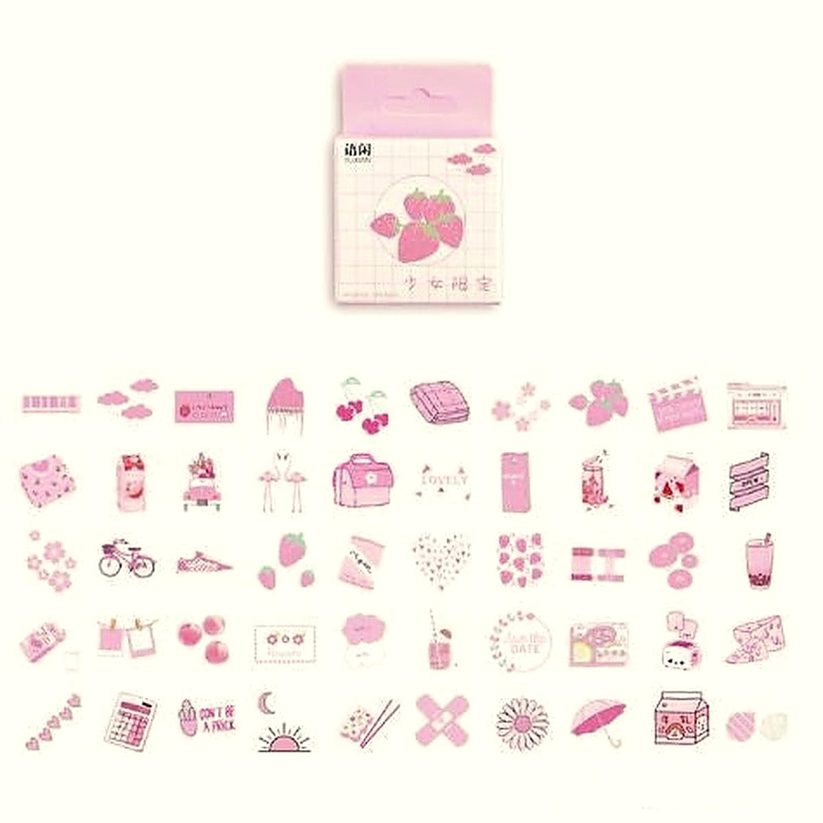 Pink Strawberry sticker pack with a pink box above small pink plant, drink and heart stickers