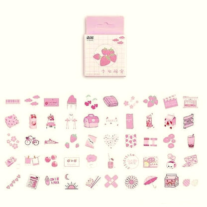 Pink Strawberry sticker pack with a pink box above small pink plant, drink and heart stickers
