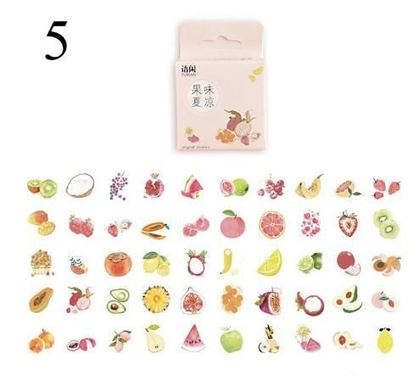 Pale pink sticker packet above 56 small colourful fruit stickers on white background.