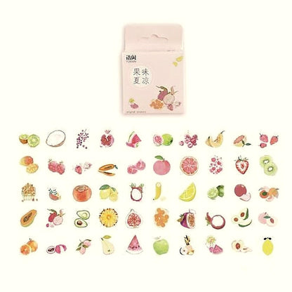 Fruit Salad sticker pack with a pale pink box above small colourful fruit stickers