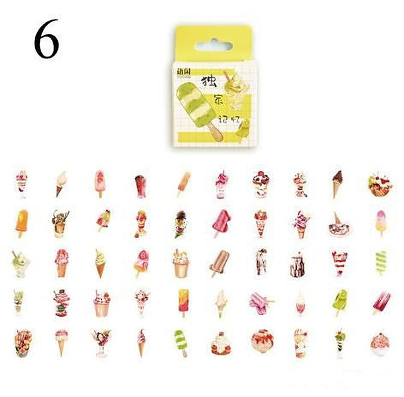 One packaged sticker sheet above 54 small colourful ice cream and popsicle stickers arranged in rows.