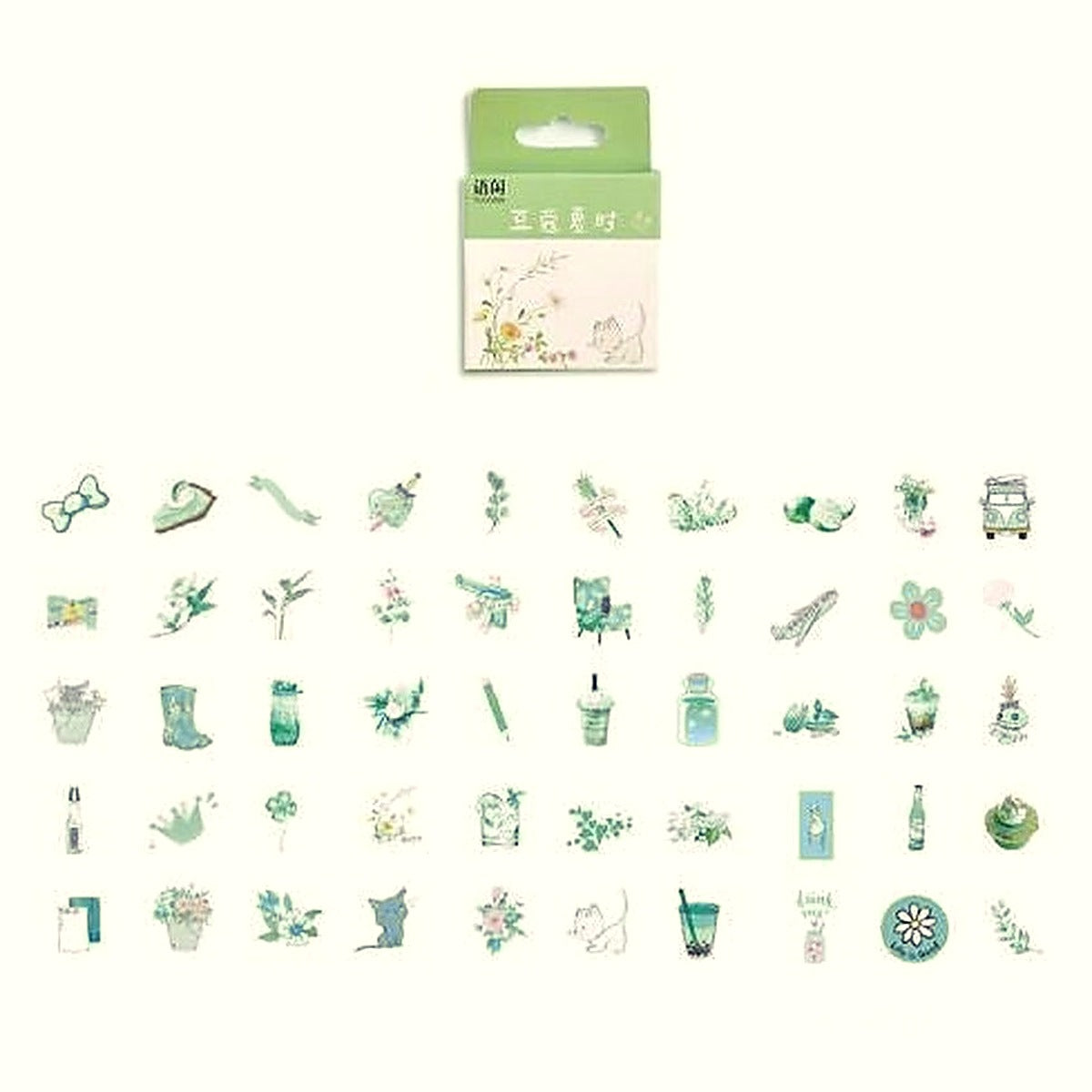 Mint Leaves sticker pack with a green box above small pastel green plant, drink and cat stickers