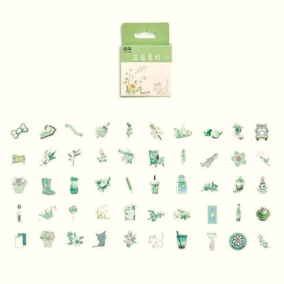 Mint Leaves sticker pack with a green box above small pastel green plant, drink and cat stickers