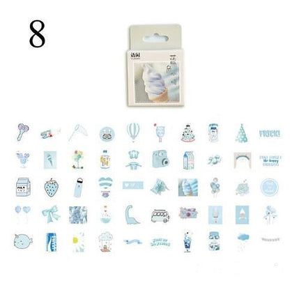 Packaged sticker sheet with ice-cream swirl header and dozens of small pastel blue-pink kawaii icons.